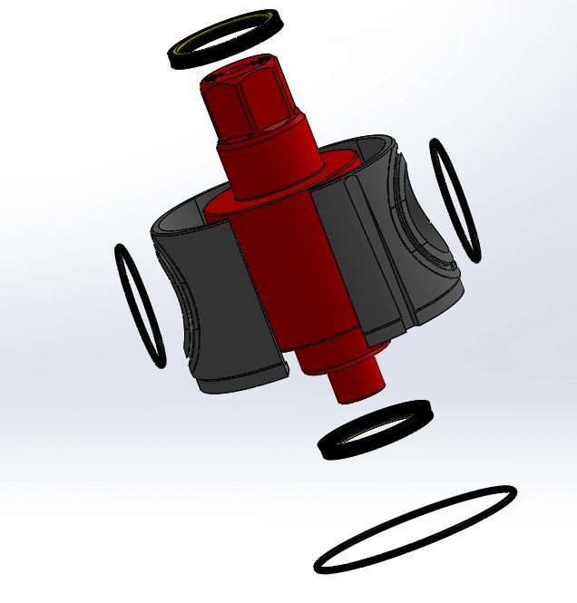CAD model of a flow-control assembly, exploded