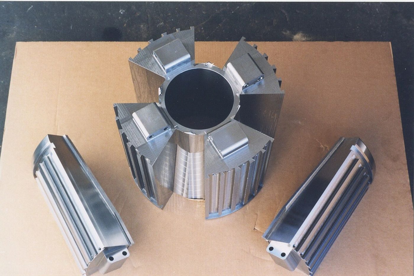 Machined aluminum parts on the bench
