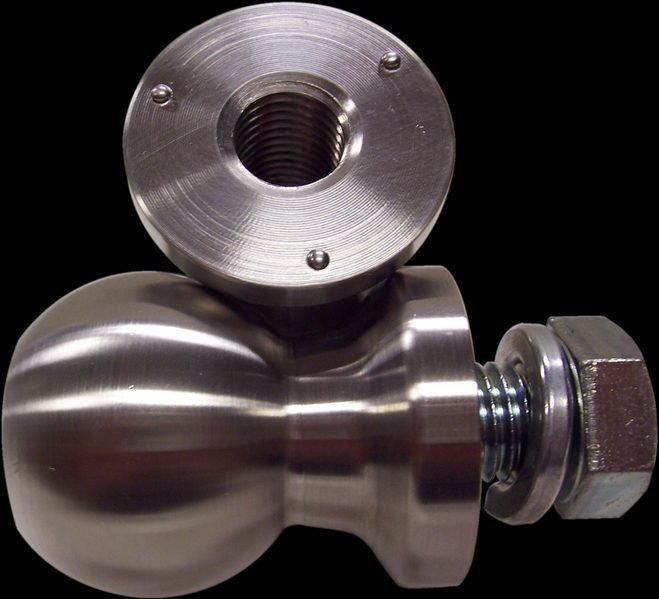 UltraBall stainless steel hitch ball on its side, with nut and washer